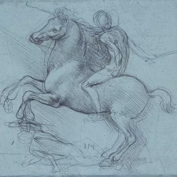 Recto: a study of a nude figure on a horse, rearing in profile to the left. A prostrate foe lies beneath the horse's raised fore-feet. Verso: rough drawings of walls; equilateral triangles; a wave; a crossbow; water falling from a pipe; a wheel in a box; 
