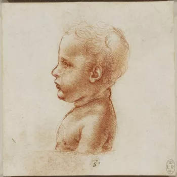 A delicate profile drawing of the bust of a child, turned in profile to the left and terminating at a clear horizontal line. Melzi's number <em>3</em>.<br>
<br>This drawing is related to&nbsp;two other studies of the bust of a child, RCIN 912567. The ches