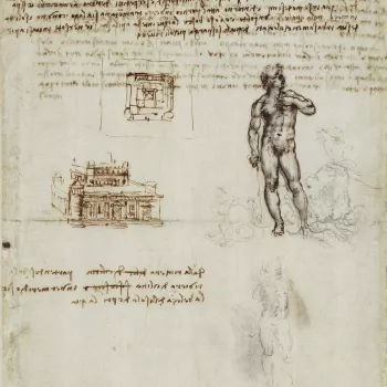 Recto: a drawing of a nude figure of a man, standing facing the spectator, with his head turned in profile to the right; at his feet are sea-horses.  Below is a faint sketch of the same figure. On the left is a fortified building, with a plan of the same 