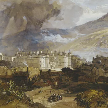 A watercolour depicting a distant view of the Palace of Holyroodhouse, with the remains of the ancient abbey on the left, assorted buildings and houses facing the front entrance at the bottom of the Royal Mile and Arthur's Seat beyond. This view of the pa