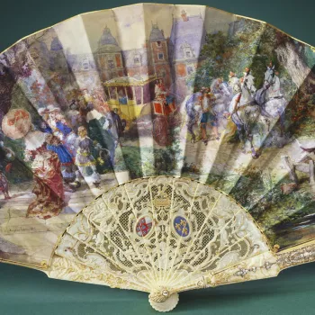 This fan was made as a wedding gift for a member of the Orléans family in France, and was bequeathed by the recipient to Queen Mary. It is the only fan in the Royal Collection painted by the nineteenth-century French artist Eugène Lami (1800-1890), who 
