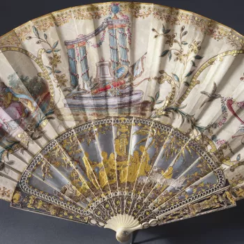 This richly decorated and sequinned silk fan is a typical product of a Parisian workshop in the final decade of Louis XVI’s reign. The diversification of ornamental techniques may have resulted from the rigid guild system: until the reforms of 1782 resp