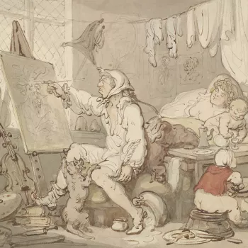 A watercolour of an artist seated, working at a canvas and resting his foot on a pile of books. In the background, his female companion is still asleep in bed whilst an unguarded infant pours a drink from a bottle. A second infant sits in front of a fire,