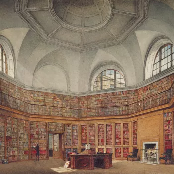 This view of one of the King&rsquo;s four library rooms - entitled by Pyne The King&rsquo;s Library (II) - shows the fine octagonal room added at the south-eastern extent of Buckingham House. These rooms occupied a wing added by Chambers to the southern e