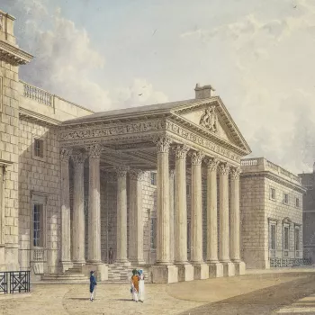 Portico of Corinthian columns in front of the main house, with frieze and ornamental carving. Now part of the side porticoes at the National Gallery. The portico was a porte-cochiere, so carriages could drive through to the door.Published in Pyne's Royal 