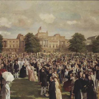 The scene depicts Queen Victoria's Golden Jubilee Garden Party in the gardens at Buckingham Palace. The west-front of Buckingham Palace, designed by John Nash appears as a backdrop. Queen Victoria, centre left, with the Prince of Wales (later King Edward 