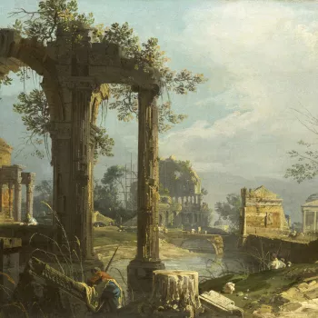 Both this painting and RCIN 405078 show a great debt to Marco Ricci's capricci, both in oil and in tempera on leather, which Canaletto would have been able to study in Consul Joseph Smith's collection. The compositions, with large ruined arch or arches in