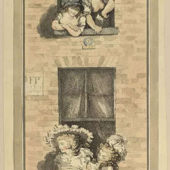 A hand-coloured print of two pairs of young women looking out of the window of the same building, on separate floors. The lodgers occupy rooms in 'Union Street' and are shown leaning out of the window to see and to be seen. Union Street is now part of Rid