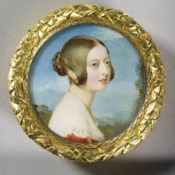 This miniature was painted soon after Prince Albert's return to Coburg on 14 November 1839 having accepted Queen Victoria's proposal of marriage. The Queen recorded a sitting of 1 hour 40 minutes on 26 November, 'for a picture for dearest Albert'; and on 