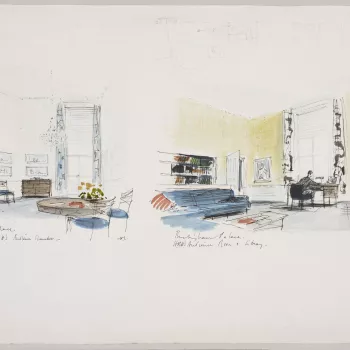Two designs, on one sheet of paper, for interiors at Buckingham Palace. On the left, an ink and watercolour drawing of a design for the Duke of Edinburgh's Study; looking north, with a table and chairs in the foreground. On the right, a watercolour design