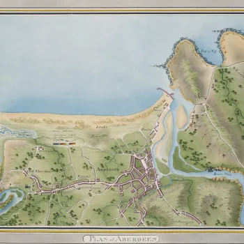 A map of a military encampment at Aberdeen, 1795. War of the French Revolution (1792-1802): War of the First Coalition (1792-8). Oriented with north-west to top.  
The encamped regiments are: 2nd Battalion the 4th Fencibles, 1st Battalion the 8th Fencible