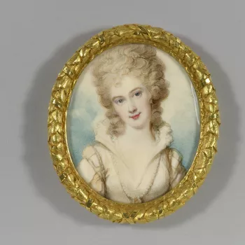Cosway painted several miniatures of the Duchess of Devonshire from the time of her marriage in 1774 onwards. This miniature relates closely to a miniature at Althorp which has the same head but a slightly less fanciful dress. Georgiana, who was the daugh