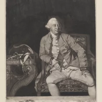 Mezzotint of George III as king. Three quarter length with tied wig, plain tie, embroidered coat with Garter star, and sash over left shoulder. Seated with left hand on leg and right resting at hip, and with a tricorne and sword placed on a table to the l