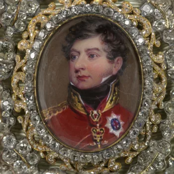 In this miniature by Henry Bone the Prince Regent &nbsp;is wearing field marshal&rsquo;s uniform, miniature ribbons, the Order of the Golden Fleece and the stars of the Orders of the Garter, Holy Spirit, Black Eagle and St Andrew. It is one of many copies