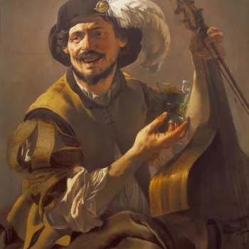 Painting of a musician laughing, and holding a lute
