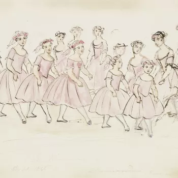 A watercolour showing the Danseuses Viennoises performing the Pas des Moissoneurs from the ballet Kaya, ou l'Amour Voyageur. The troupe of young girls are shown with a line of girls at the front with other girls dancing behind them. They are all dressed i