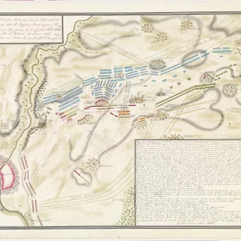 A map of the Battle of Lafelt, fought on 2 July 1747 between the French army, commanded by Marshal Maurice Saxe (1696-1750) and the Allied army (Great Britain, Hanover, Austria, Dutch Republic), commanded by William Augustus, Duke of Cumberland (1721-65),