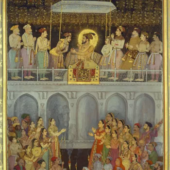 Padshahnamah fol. 218v (plate 45)
Prince Awrangzeb&rsquo;s sihra-bandi ceremony at Agra on 18 May 1637.  
Prince Awrangzeb returned from his posting as Governor of the Deccan in April 1637 to prepare for his wedding to Dilras Banu, the daughter of Mirza R