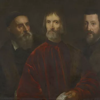 The inventory of Charles I&rsquo;s collection describes this painting as showing two figures: &lsquo;The Picture of Tichian himselfe painted by himselfe, and his freind by In a reed velvett venicia senators gowne&rsquo;. An X-ray taken in 1957 indicated t
