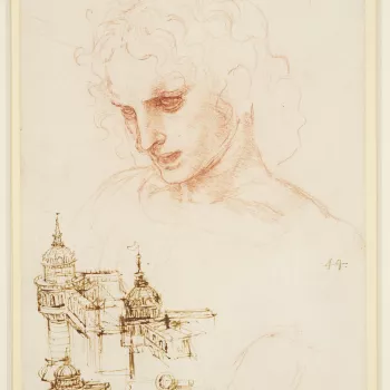 A study of the head of a youth looking down, turned three quarters to the left, with wavy hair and parted lips. The shoulders are only slightly indicated. Below are three studies of a corner bastion developed into a domed building, and a small plan of the