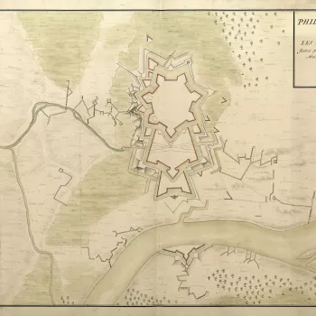 An outline plan of the fortifications of Philippsburg showing the French approach trenches begun on 27 September leading to the capitulation of Imperial-held Philippsburg on 29 October 1688. The Imperial garrison was commanded by Field marshal Maximilian 