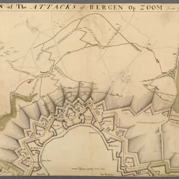 A plan of the attacks on Bergen op Zoom, 1747. War of the Austrian Succession (1740-48). Oriented with south to top. 
The town of Bergen op Zoom, fortified by Menno van Coehoorn and garrisoned under the command of General Cronstr&ouml;m, was besieged by t