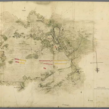 A map of encampment of the British and Hanoverian troops, under the command of the Duke of Cumberland, near Nistelrode, 1748. War of the Austrian Succession (1740-48). Oriented with south to top (cardinal points). 
This map is coloured naturalistically to