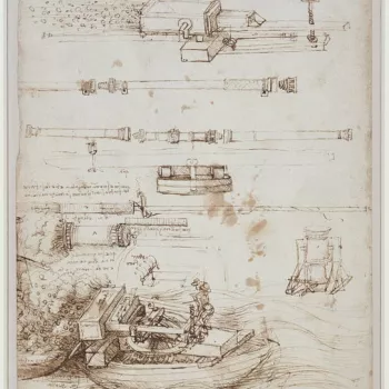 This drawing shows a number of designs for gun-barrels, and mortars intended to discharge an incendiary substance known as &lsquo;Greek fire&rsquo;, to burn the rigging and sails of enemy ships. The largest drawing, at the bottom of the&nbsp;sheet, shows 