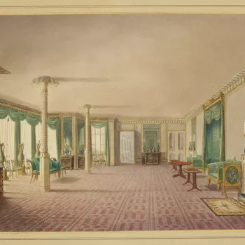A hand coloured print&nbsp;depicting a view of the banqueting room gallery in&nbsp;the Royal Pavilion, Brighton.&nbsp;For an earlier state see RCIN 708000.an. Plate 19&nbsp;of the&nbsp;reissue of Nash's original publication of illustrations of the exterio