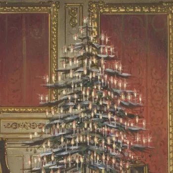 A section of a watercolour painting of a Christmas tree