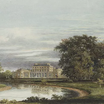 A watercolour view of the exterior of Frogmore House seen from the pond garden, depicting the central block with bay wings linked by colonnade facade with&nbsp;some figures standing on the driveway. Prepared for one of the plates in William Henry Pyne's H