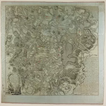 A map, printed on silk, of the Battle of Wilhelmsthal, fought on 24 June 1762 between the Allied army (British, Prussian, Hessian and Brunswickian troops) under the command of Field Marshal Duke Ferdinand of Brunswick, Prince of Brunswick-L&uuml;neburg (1