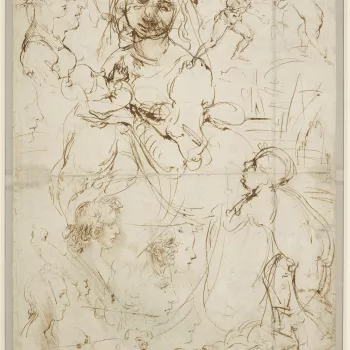 Recto: Filling most of the sheet, a large compositional sketch of the Madonna and Child with the infant Baptist, almost certainly the first drawing to be made. The Madonna is kneeling on one leg while twisting to hold the Child, a pose that Leonardo retur