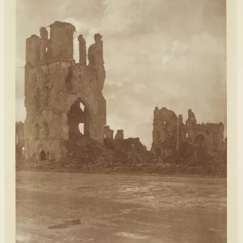 Photograph of a view&nbsp;of the ruins of the Cloth Hall, Ypres.<br /><br />The Cloth Hall, completed in 1304, was one of the largest commercial buildings&nbsp;of the Middle Ages&nbsp;and a major trading centre for the Ypres&nbsp;textile industry.&nbsp;Du