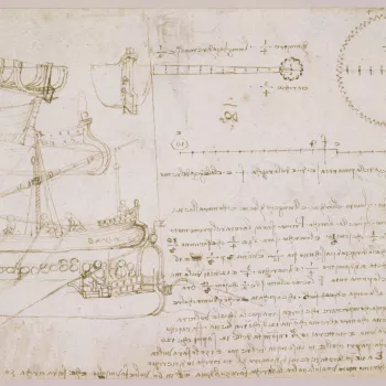 Recto: a study of a ship, and its parts including the ribs, the tiller, the bow and stern; below is the stern of a much larger ship, with a group of men sitting in the cockpit; to the right, a toothed wheel and extensive notes. Verso: the head of an old m