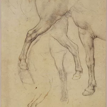 Recto: a study of the off-hind leg and quarters of a horse; studies of the legs of horses. Verso: a study of a horse moving to the right, the off-fore leg raised, the quarters slightly indicated. Probably for an undocumented French monument.