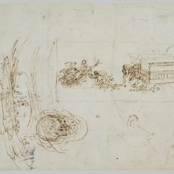 A drawing showing, on the right, within lines forming an oblong frame, a figure flying forward with outsretched arms, and another lunging forward; to its right, is a rectangular building from which emerges a lion's head and a dragon's tail. To the left is