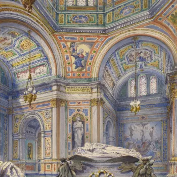 A watercolour view of the colourful interior of the Royal Mausoleum at Frogmore, looking from the chapel of the Nativity (with the corner of the statue of Princess Alice seen on the left), diagonally across to the Chapel of the Altar with Prince Albert's 