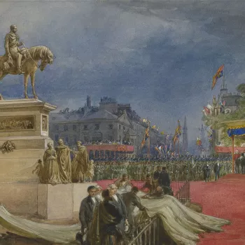 A watercolour depicting the unveiling of an equestrian statue of Prince Albert in Charlotte Square, Edinburgh, on 17 August 1876. Signed, dated and inscribed at bottom right: Inauguration of the Prince Consort Memorial. Edinburgh, 17 Aug. 1876. / Wm Simps