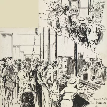 DM 5396: illustrator's drawing. Visitors examining the presents; small scene, upper-right, shows visitors waiting for clocks to chime. A section cut away upper-left. The exhibition was held at the Imperial Institute. Signed and dated.