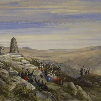 A watercolour depicting the completion of a cairn built to mark Victoria and Albert's acquisition of Balmoral,bsurrounded by people cheering and with servants serving refreshments. Signed, dated and inscribed at bottom: 'One Cheer more! Balmoral. 12 Oct. 