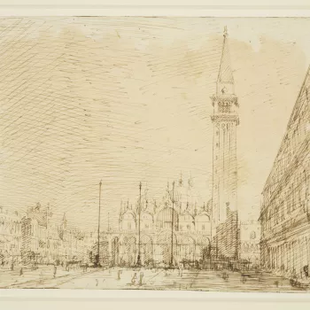 A drawing of a view in Piazza San Marco, Venice. In the centre is San Marco, and it its right the Campanile. On the far right is part of the Palazzo Ducale, and the Procuratie Nuove. On the left is the Torre dell'Orologio and Procuratie Vecchie. 
The view