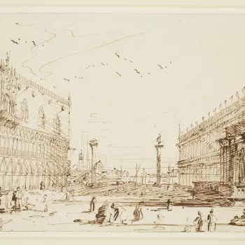 A drawing of the Piazzetta in Venice. On the left is the narthex of San Marco and the Palazzo Ducale. In the centre is the Piazzetta with the columns of San Marco and San Teodoro, and a view across the canal to the church of San Giorgio. On the right is t