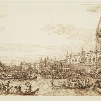 A drawing of the Bacino in Venice. On the far left is Santa Maria della Salute. On the opposite side of the water the Granai, Zecca, Libreria, Campanile and Palazzo Ducale are visible. The Doge's galley, the Bucintoro is moored in front of the Piazzetta i