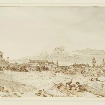 A drawing of Castello and the island of San Pietro in Venice. The church of San Nicol&ograve; da Bari is on the left of the composition. Two figures are shown sitting on the mud-flats in the foreground. 
The view (identified by Pignatti, 1963) looks north