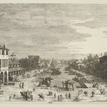 An etching of the landing place for boats at Mestre on the Venetian mainland. The building on the left in the foreground has Canaletto's chevron coat-of-arms. The&nbsp;area around the canal&nbsp;is filled with many figures and a wagon. Second state, Bromb