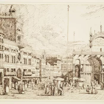 A drawing of a view in Piazza San Marco in Venice. On the left is part of the Procuratie Vecchie, and the Torre dell'Orologio - a large clock tower containing an astrological clock. On the right is part of the Basilica di San Marco. Many figures are depic
