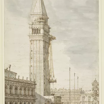 A drawing of the Campanile in Piazza San Marco in Venice. The Campanile is shown under repair after it had been struck by lightning on 23 April 1745. On the left of the Campanile is part of the Libreria, and on its right are the Procuratie Vecchie and the