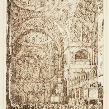 A drawing of the interior of San Marco in Venice. Many figures are depicted inside the church underneath the crossing of one of the church's domes. On the right two pulpits are visible on either side of the choir screen. Both pulpits are full of people.
T