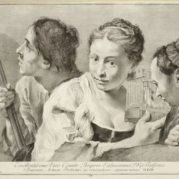 A print by Cattini reproducing a drawing&nbsp;of a young huntsman and two young women holding a caged bird by&nbsp;Piazzetta in the Royal Collection (see RCIN 991252). Lettered within a printed border with the names of the artists and a dedication to Pros
